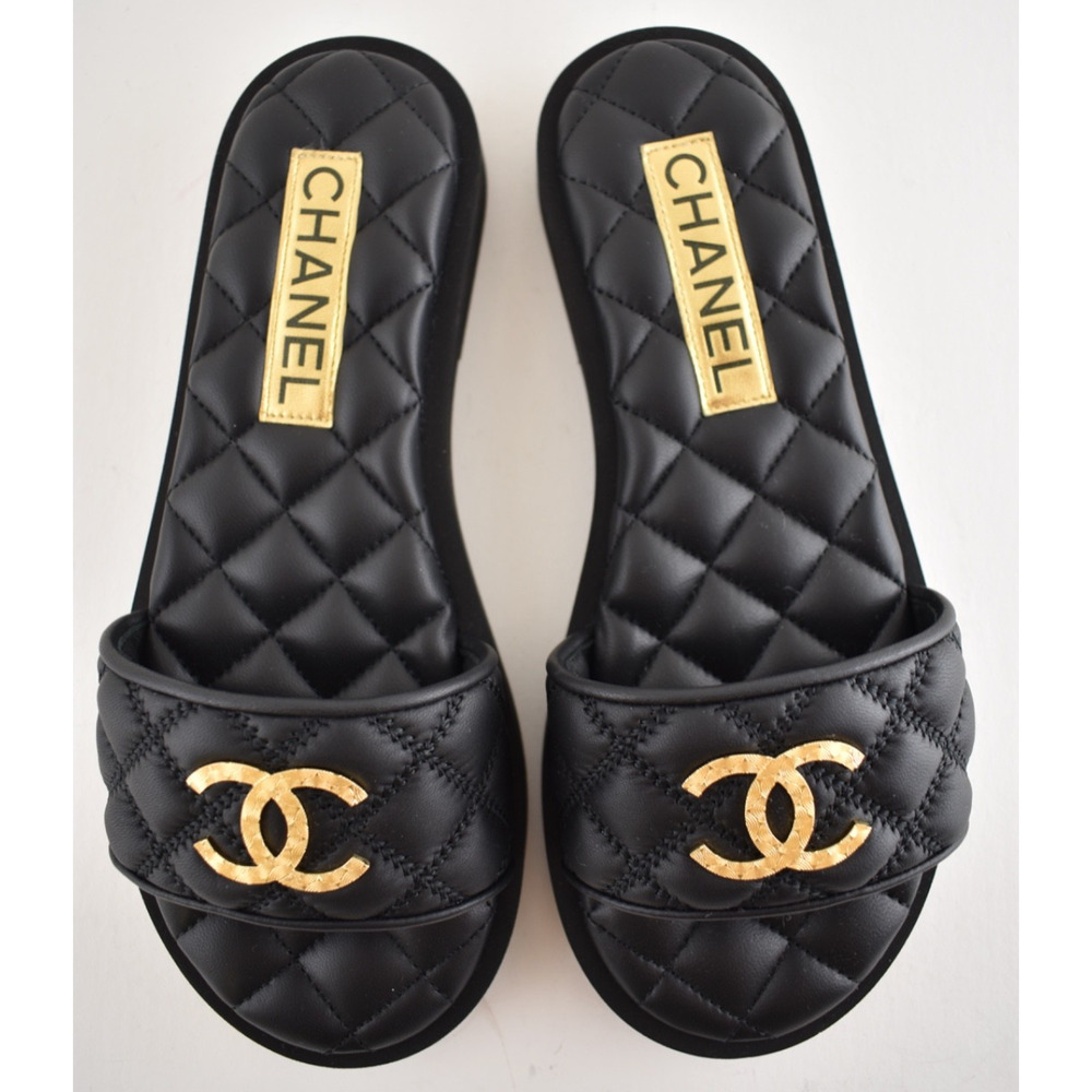 Chanel REV Black Quilted Leather Gold Logo Mule Slide Sandal Flip Flop Flat 35 - Picture 13 of 16